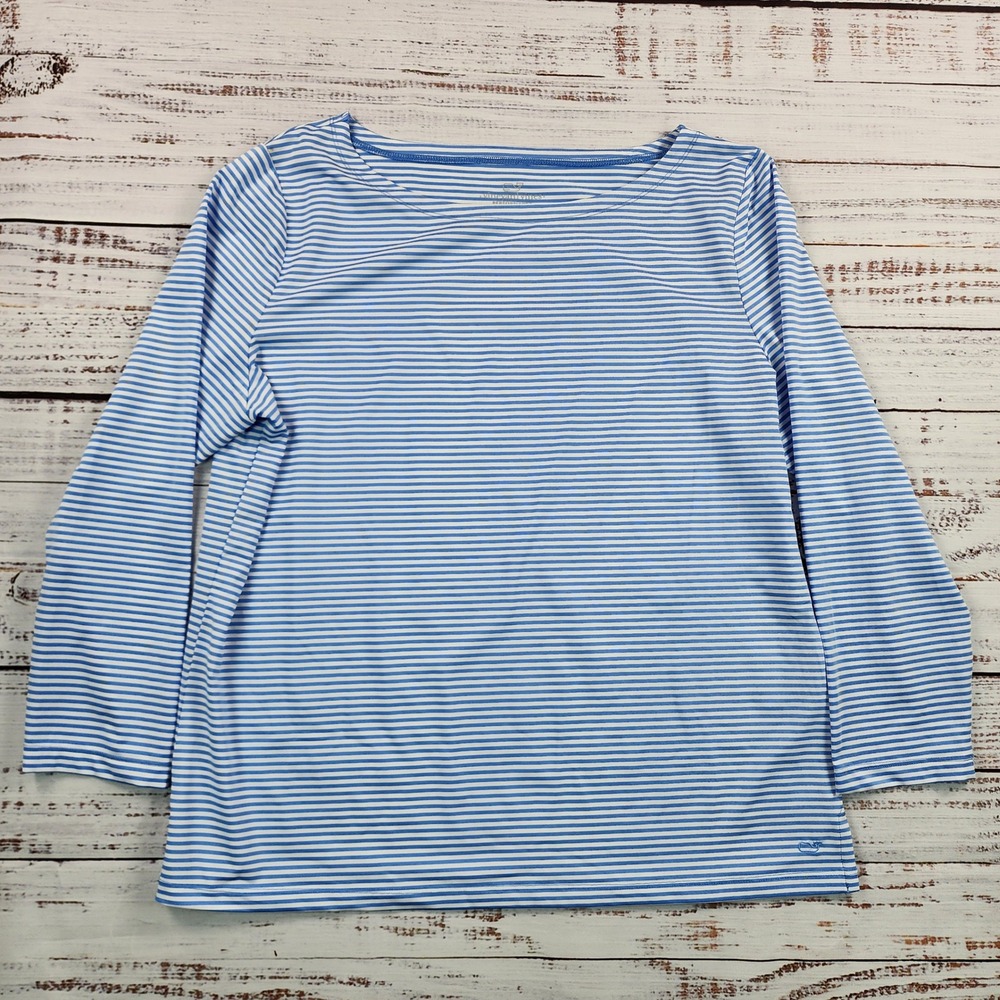 Vineyard Vines Performance Striped Long Sleeve Boat Neck Top Blue White XL
